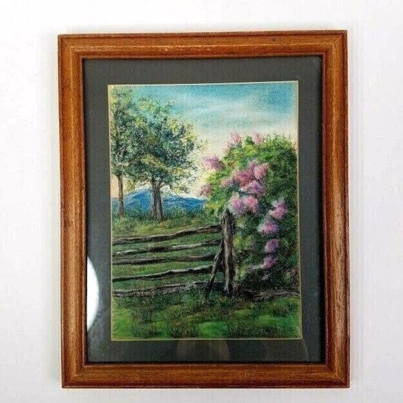 Vintage Pastel Chalk Drawing Lana Kariker  Scenic Landscape Lilacs Wooden Fence - Picture 2 of 4